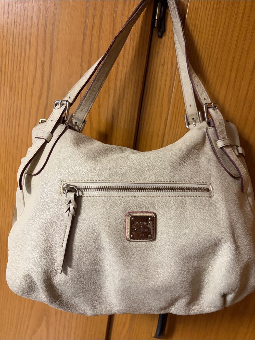 Dooney & Bourke Nina Satchel Cream Pebbled Leather Hobo Bag w/Silver Handle wear